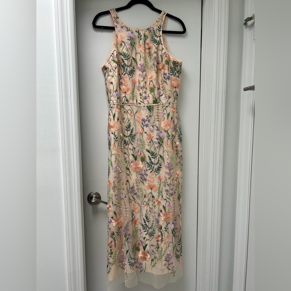 Maggy London Embroidered Pastel Floral Midi Dress, size 10